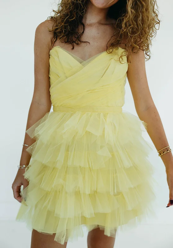 Mini Dresses with Side Buttons -Elegant Ruffles Dress - Lt Yellow