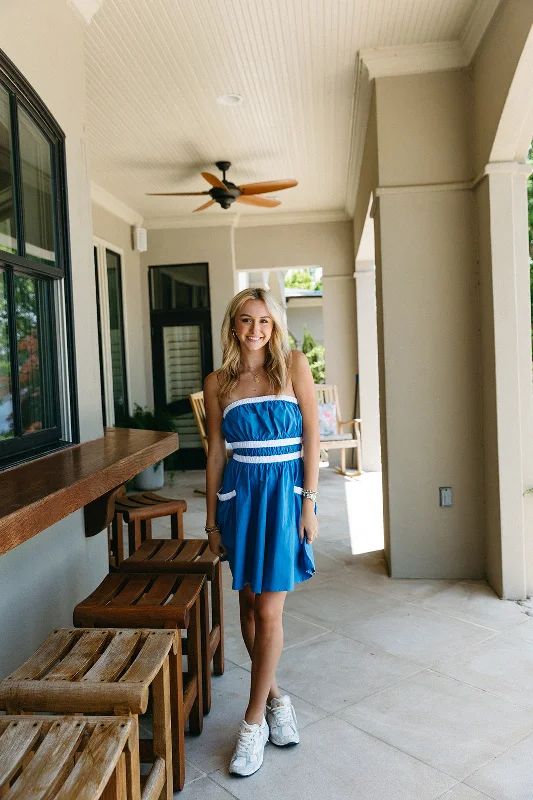 Mini Dresses with Draped Arms -Danica Mini Dress - Blue/White