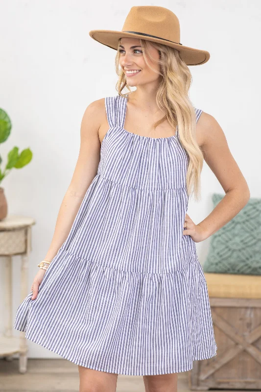 Mini Dresses in Stretchy Fabric -Denim Blue Tiered Flowy Dress