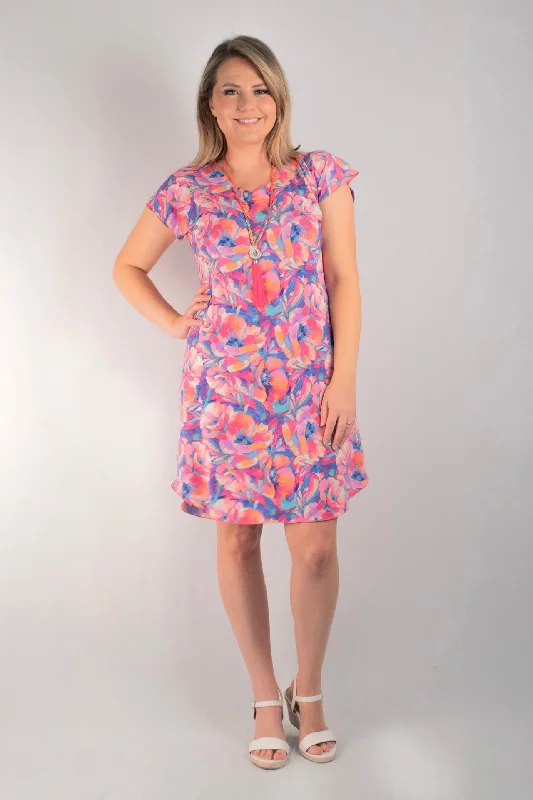 Mini Dresses with Beaded Accents -Floss Print Short Sleeve Jersey Shift Dress