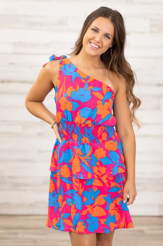 Mini Dresses in Tropical Prints -Fuchsia and Royal Floral One Shoulder Dress