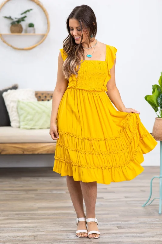 Mini Dresses for Bridal Showers -Golden Yellow Smocked Bodice Tie Back Dress