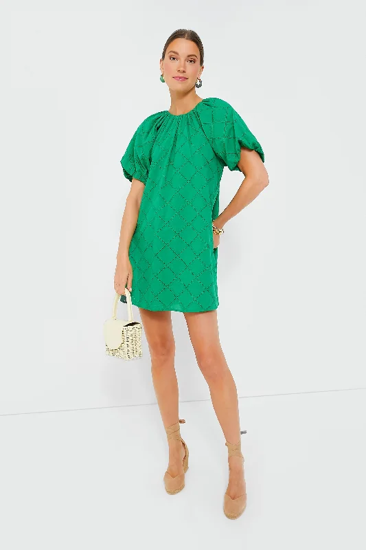 Mini Dresses with Asymmetrical Hems -Green Eyelet Quincy Mini Dress