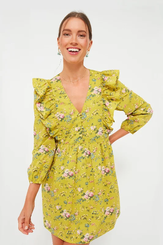 Mini Dresses for Day Fun -Green Floral Ruffle Reese Mini Dress