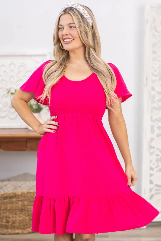 Mini Dresses in Plush Leather -Hot Pink Scoop Neck Smocking Woven Dress