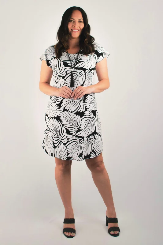 Mini Dresses with Button Details -Monstera Print Short Sleeve Jersey Shift Dress