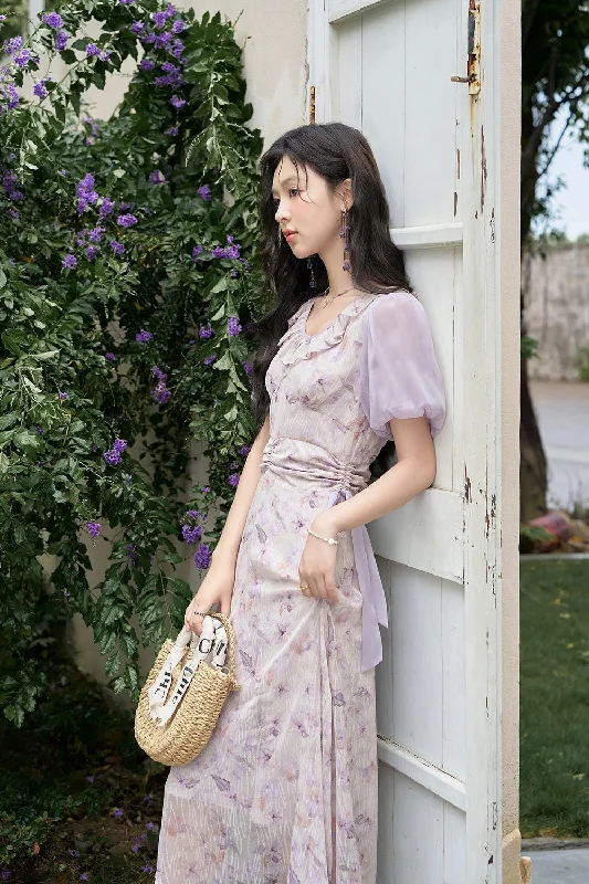 Mini Dresses with Wide Hems -Women Ruffled Purple Floral Maxi Dress