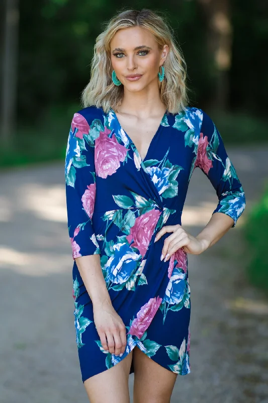 Mini Dresses in Cool Shades -Navy and Dusty Rose Floral Print Dress