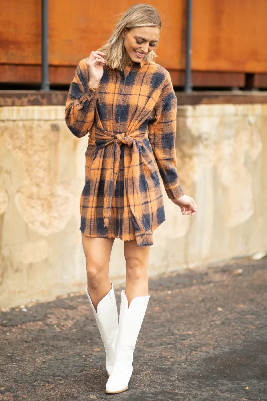 Mini Dresses with Wide Collars -Orange and Navy Plaid Tie Waist Shirt Dress