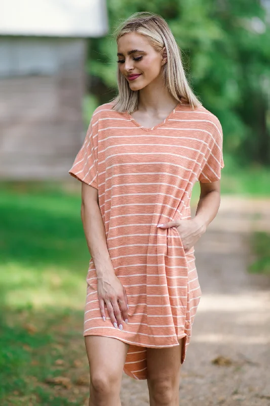 Mini Dresses with Gathered Edges -Orange and White Stripe Short Sleeve Dress