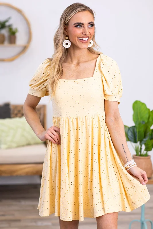 Mini Dresses with Ruffled Hems -Peach Knit Eyelet Dress With Back Cutout