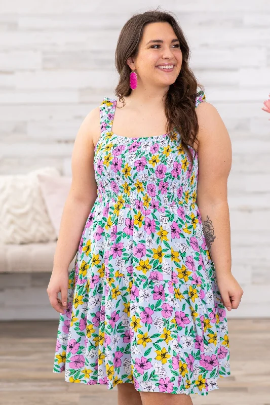 Mini Dresses for Lunch Dates -Pink Multicolor Floral Smocked Bodice Dress