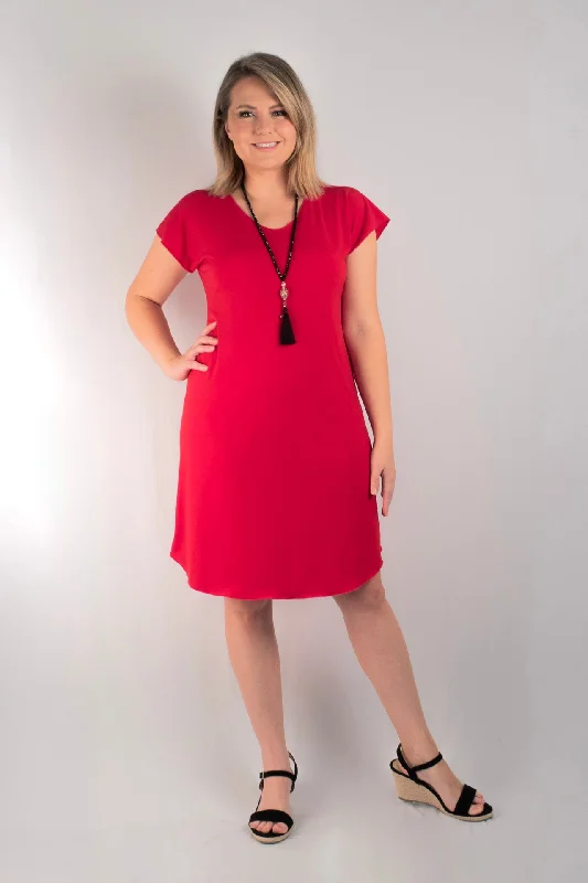 Mini Dresses for Dance Parties -Sassy Red Short Sleeve Jersey Shift Dress