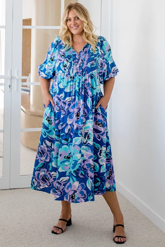 Mini Dresses in Clean Lines -Shona Midi Dress Aruba Print Blue