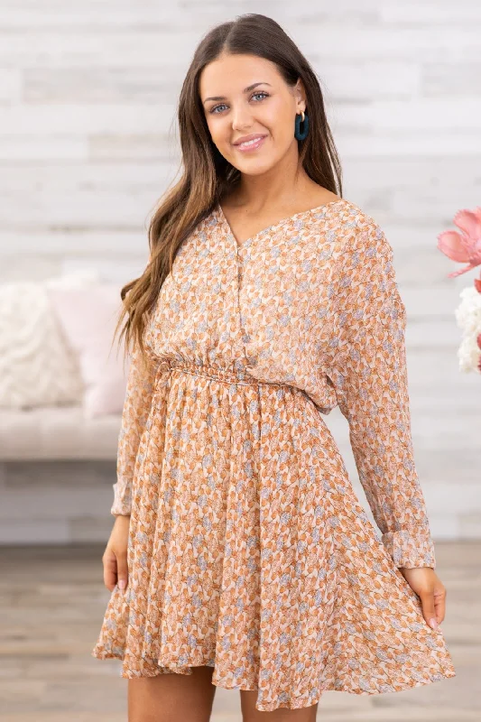 Mini Dresses for Boat Nights -Tan Surplice Front Floral Long Sleeve Dress