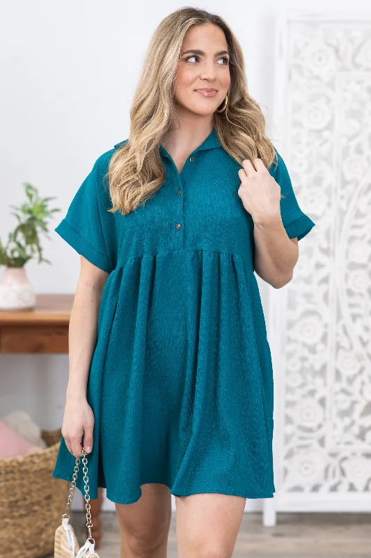 Mini Dresses for Lunch Dates -Teal Woven Short Sleeve Collar Button Dress