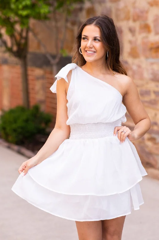 Mini Dresses for Rooftop Vibes -White Smocked Waist On Shoulder Dress