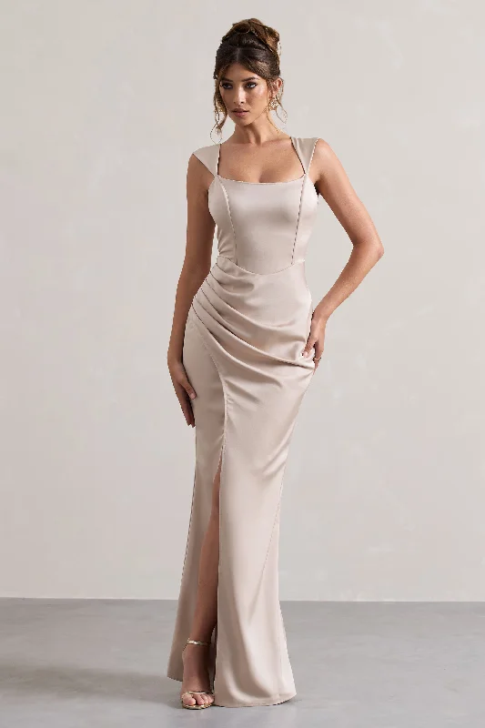 Maxi Dresses for Farewell Dinners -A Romantic | Champagne Satin Corset Wrap Maxi Dress