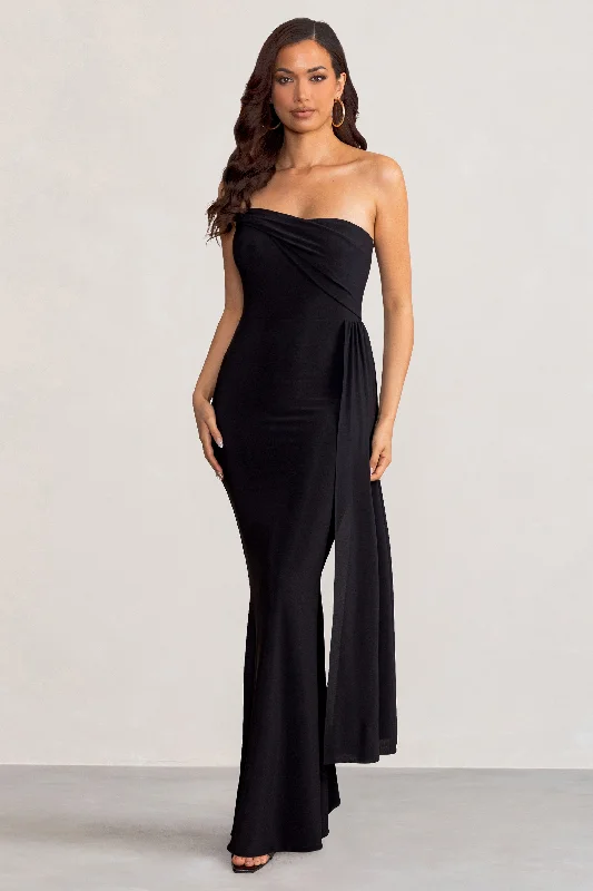 Maxi Dresses for Short Outings -Aaliyah | Black Asymmetric Bardot Maxi Dress with Drape