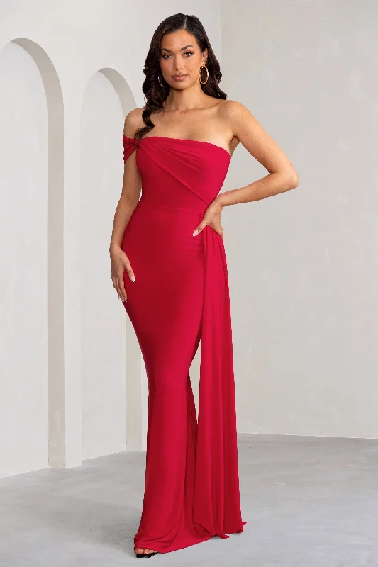 Lace-Up Maxi Dresses -Aaliyah | Red Asymmetric Bardot Maxi Dress with Drape