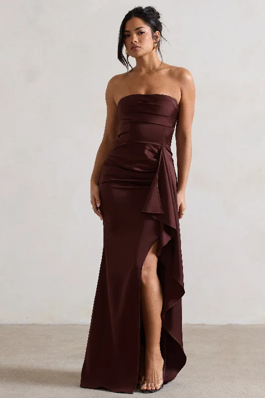 Chevron Maxi Dresses -Ace | Chocolate Brown Satin Bandeau Split Maxi Dress With Ruffle Drape