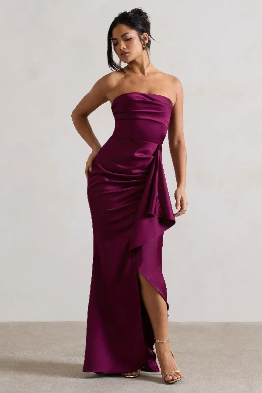 Lace-Overlay Maxi Dresses -Ace | Plum Satin Bandeau Split Maxi Dress With Ruffle Drape