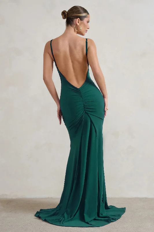 Draped Maxi Dresses -Adele | Bottle Green Backless Ruched Fishtail Cami Maxi Dress