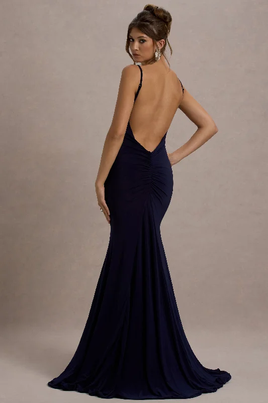 Mesh-Layer Maxi Dresses -Adele | Navy Backless Ruched Fishtail Cami Maxi Dress