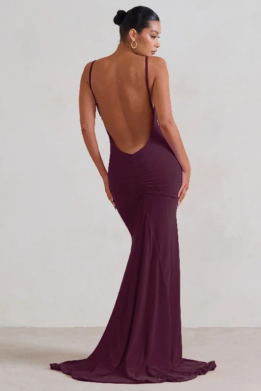 Keyhole Maxi Dresses -Adele | Plum Backless Ruched Fishtail Cami Maxi Dress