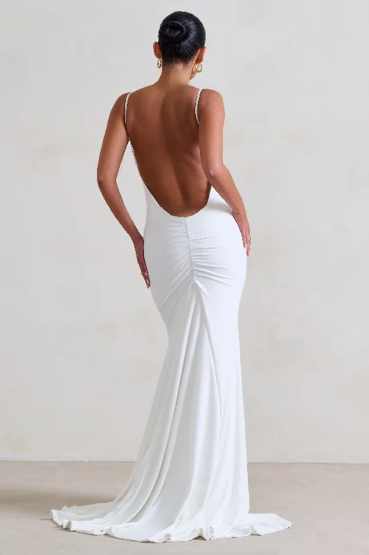 Maxi Dresses for Spring Nights -Adele | White Ruched Fishtail Cami Maxi Dress