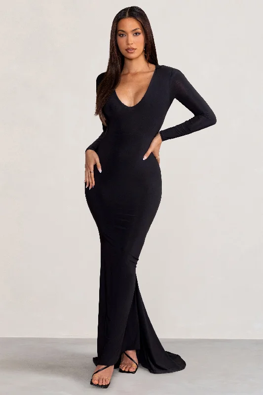 Wrap-Style Maxi Dresses -Adore | Black Long Sleeve Plunge Maxi Dress with Hood