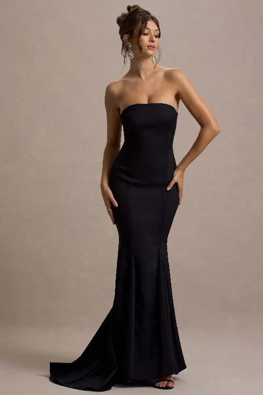 Maxi Dresses for Evening Brunches -Adored | Black Strapless Structured Fishtail Maxi Dress