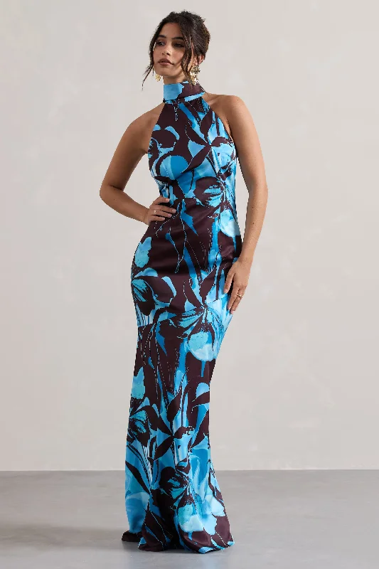 Maxi Dresses for Patio Nights -Adoria | Floral Print Satin High-Neck Maxi Dress