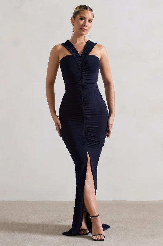 High-Neck Maxi Dresses -Aida | Navy Ruched V-Neck Split Maxi Dress