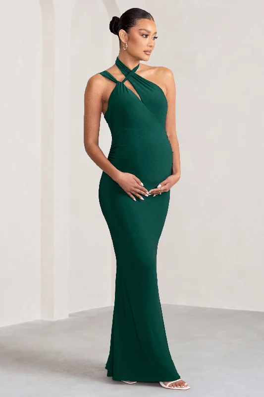 Plush Maxi Dresses -Alba | Bottle Green Maternity Halter Asymmetric Maxi Dress with Cut Out