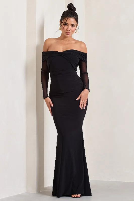 Silk Maxi Dresses -Alex | Black Bardot Twist Maxi Dress