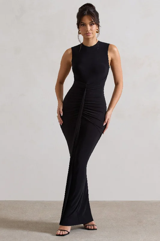 Split-Front Maxi Dresses -Alexa | Black High-Neck Gathered Maxi Dress With Drape