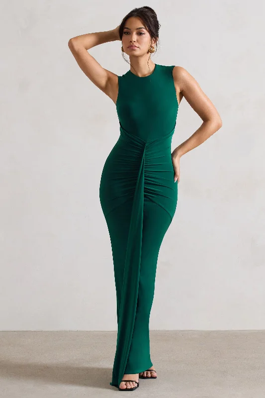 Maxi Dresses for Team Outings -Alexa | Bottle Green High-Neck Gathered Maxi Dress With Drape