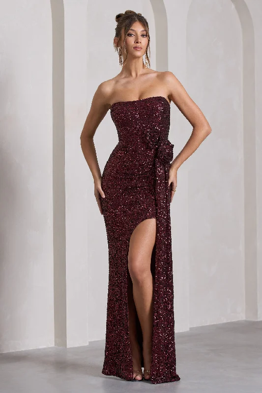 Glitter Maxi Dresses -Alexandria | Burgundy Sequin Corset Maxi Dress With Flowers