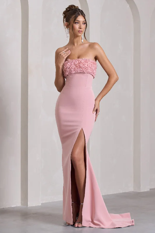 V-Back Maxi Dresses -Allegra | Pink Bandeau Split Fishtail Maxi Dress With Flowers