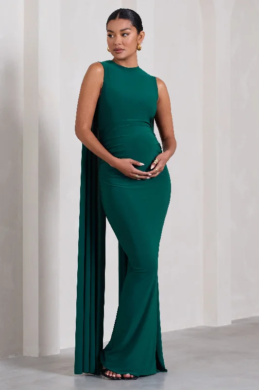 Side-Ruffle Maxi Dresses -Allora | Bottle Green High-Neck Sleeveless Cape Maternity Maxi Dress