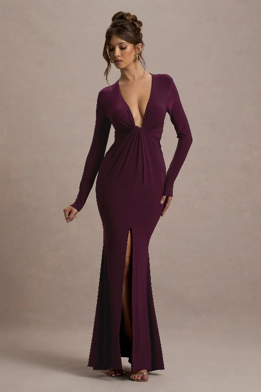 Maxi Dresses for Reunions -Aluna | Plum Plunge-Neck Twisted Split Maxi Dress