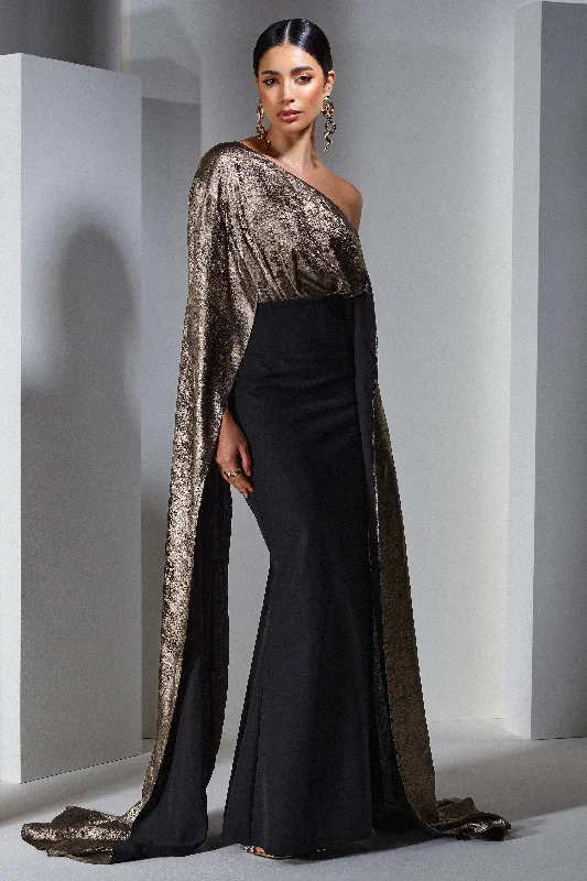 Long-Hem Maxi Dresses -Alura | Black & Gold Metallic One Shoulder Cape Maxi Dress