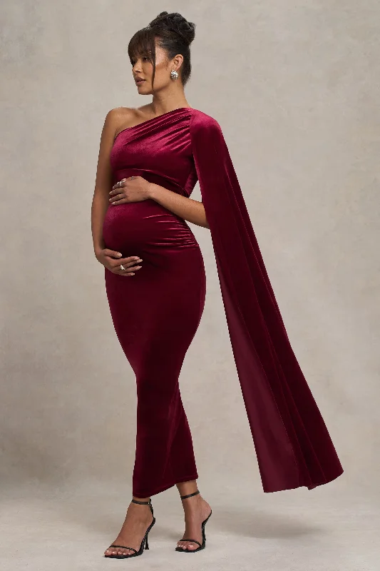 Fun-Print Maxi Dresses -Amaryllis | Berry Velvet Maternity One Shoulder Maxi Dress with Cape Sleeve