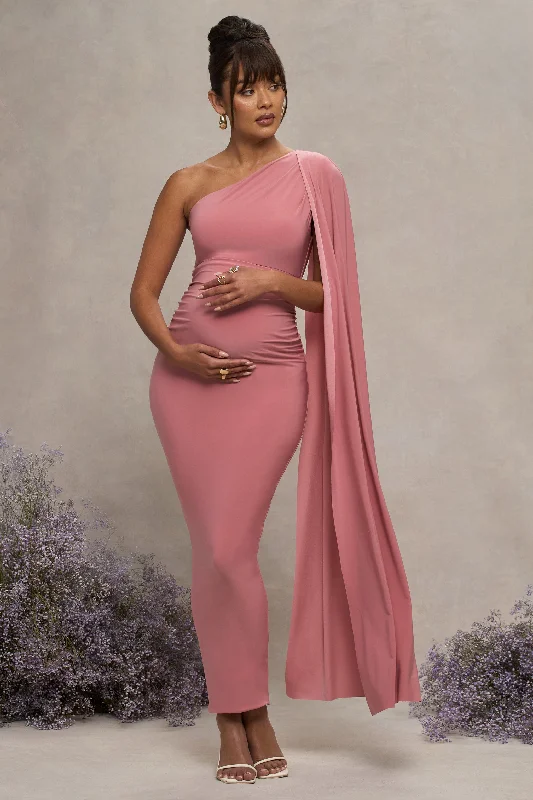 Denim Maxi Dresses -Amaryllis | Blush Pink Maternity One Shoulder Maxi Dress with Cape Sleeve