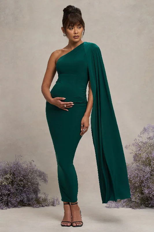 Maxi Dresses for Cocktail Nights -Amaryllis | Bottle Green Maternity One Shoulder Maxi Dress with Cape Sleeve