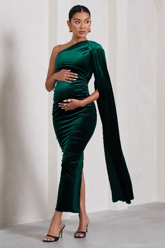 Cool-Hue Maxi Dresses -Amaryllis | Bottle Green Velvet Maternity One Shoulder Maxi Dress with Cape Sleeve