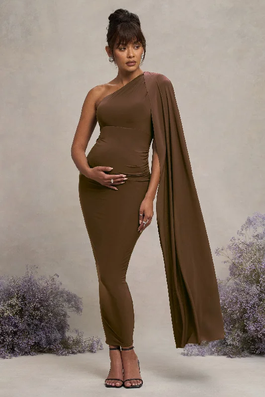 Geometric Maxi Dresses -Amaryllis | Chocolate Maternity One Shoulder Maxi Dress with Cape Sleeve