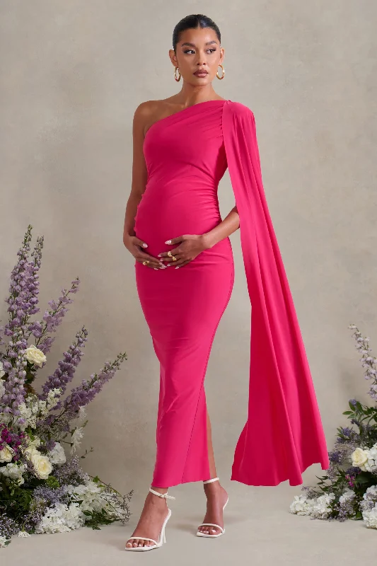 Earth-Tone Maxi Dresses -Amaryllis | Hot Pink Maternity One Shoulder Maxi Dress with Cape Sleeve