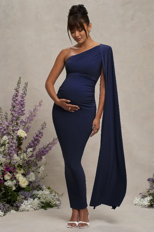 Maxi Dresses for Special Nights -Amaryllis | Navy Maternity One Shoulder Maxi Dress with Cape Sleeve